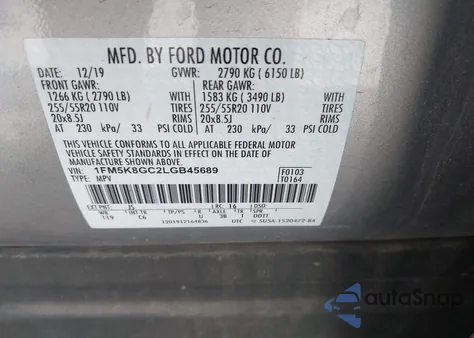 2020 Ford Explorer St из США, поврежденный, VIN 1FM5K8GC2LGB45689